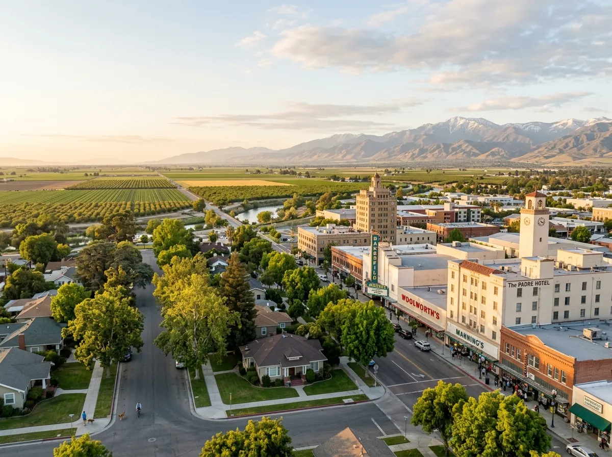 Bakersfield cityscape, local neighborhoods, and surrounding Central Valley landscape representing the community covered by Bakersfield Living