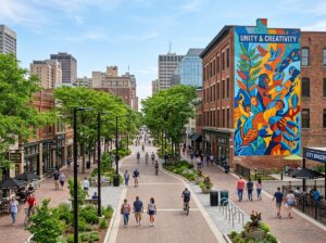 Beautified pedestrian walkway with streetlights, trees, and public art mural