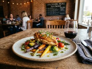 Beautifully plated farm-to-table dish at an independent Bakersfield restaurant.