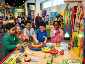 Children interacting with a hands-on science exhibit at a museum.