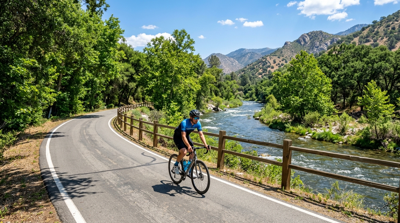 Cyclist riding on the paved Kern River Parkway Trail alongside the river