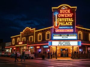Exterior of Buck Owens' Crystal Palace illuminated at night