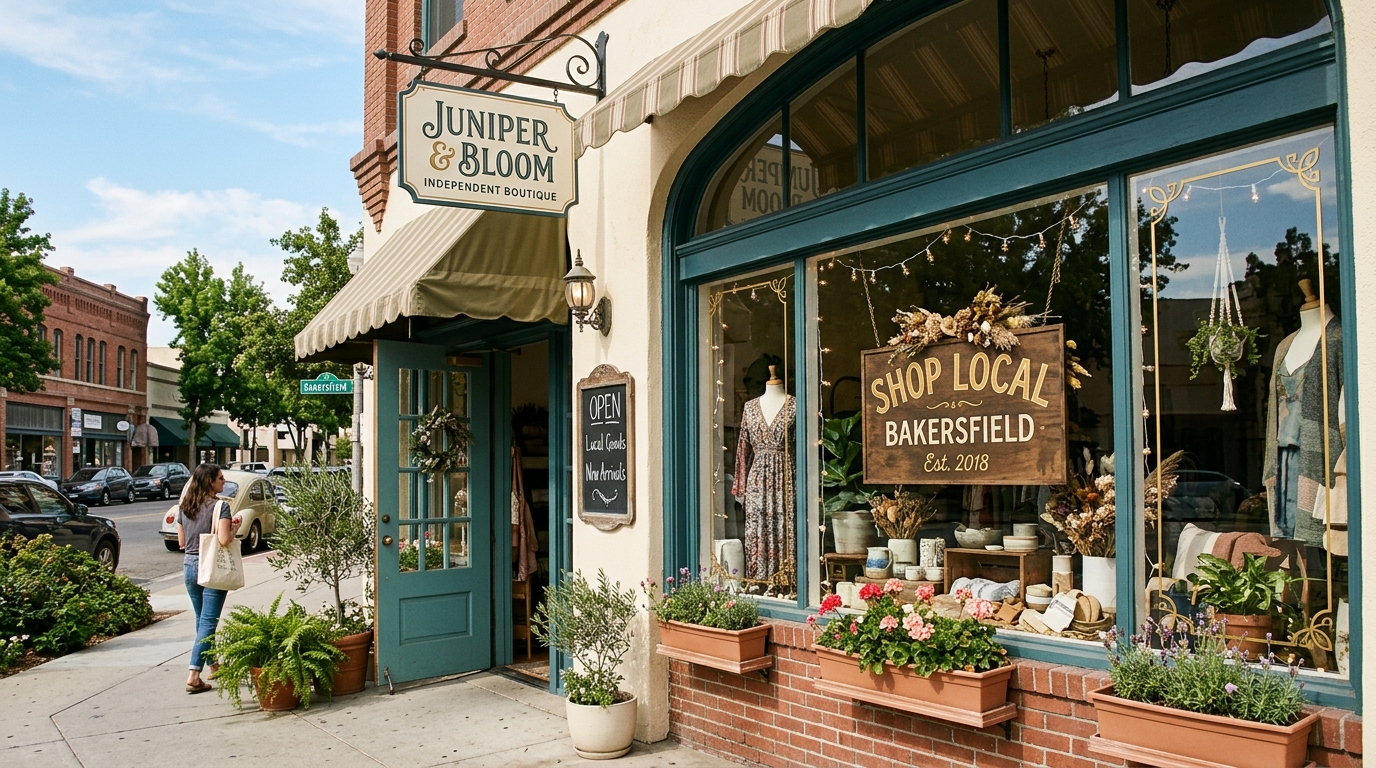 Exterior of an independent boutique storefront in Bakersfield with a Shop Local sign.