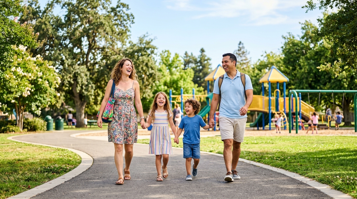 Family walking and laughing together in a sunny Bakersfield park.