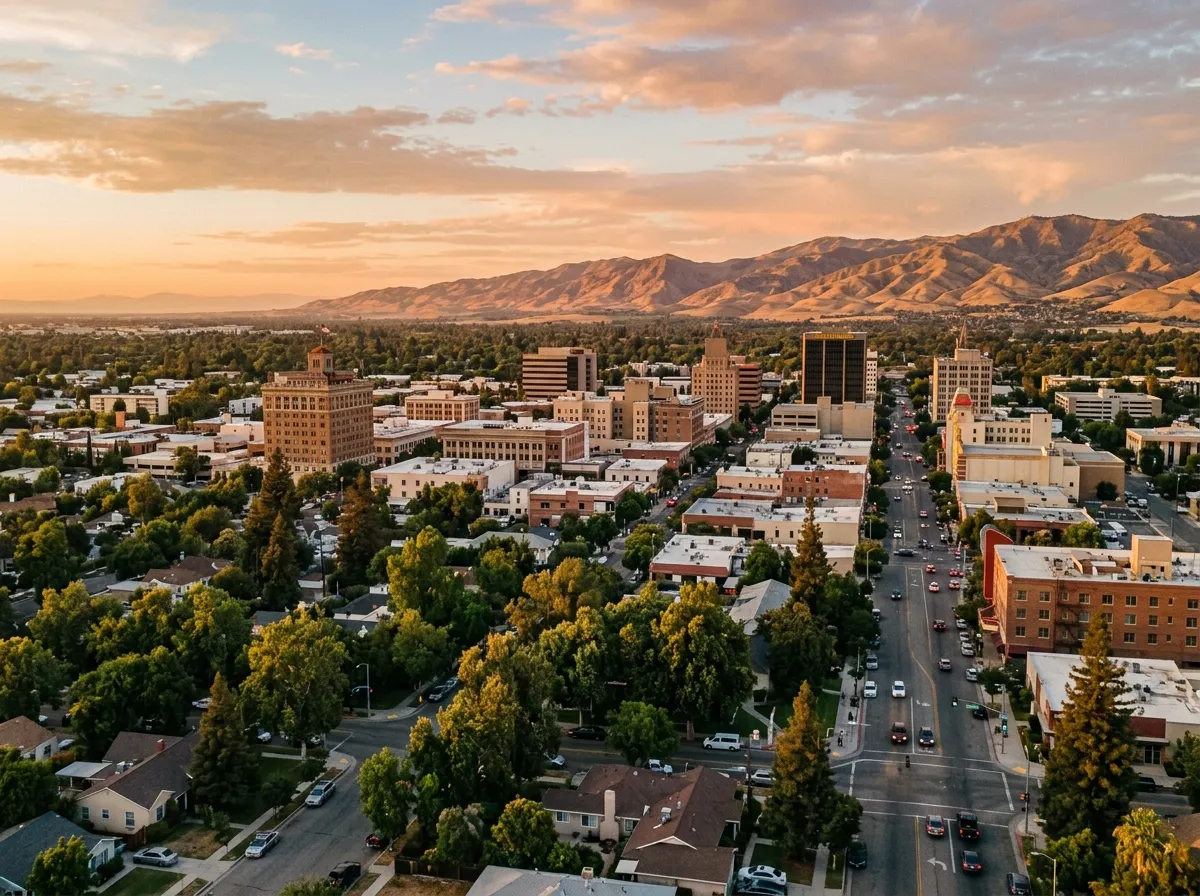 Golden-hour view across Bakersfield with downtown rooftops and distant foothills