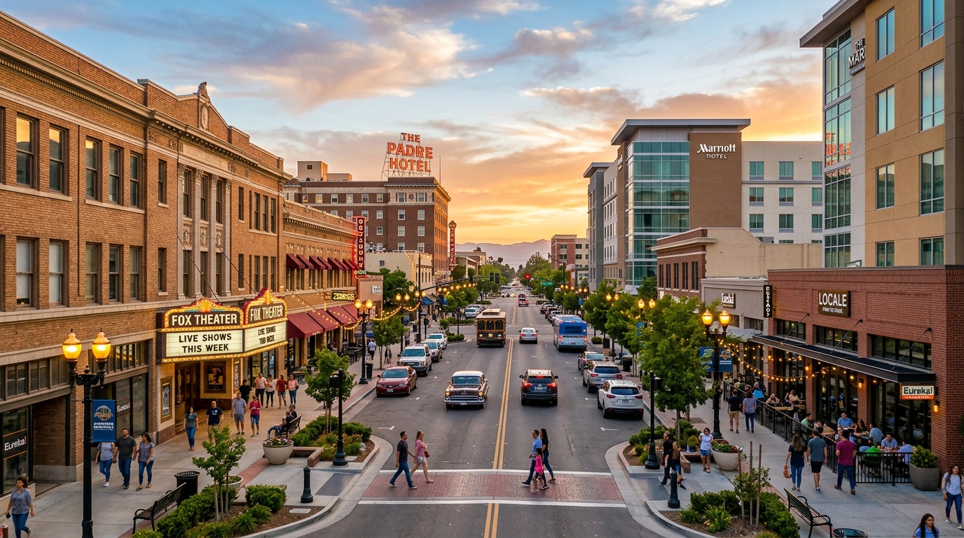 Golden hour view of downtown Bakersfield streetscape with historic and modern buildings