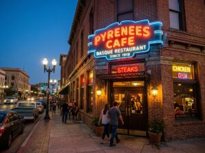 Historic exterior of a Bakersfield Basque restaurant with vintage neon signage.