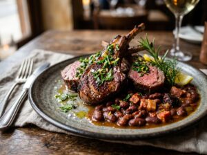 Modern interpretation of a Basque dish with roasted lamb chops and beans.