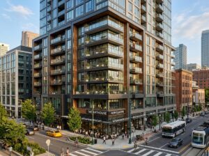 Modern mixed-use residential building with ground-floor retail in downtown