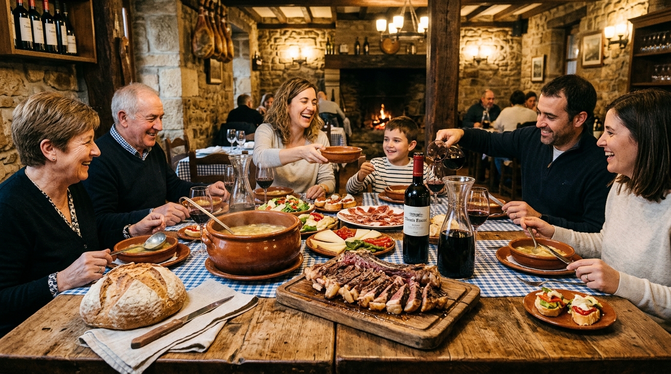 Traditional Basque family-style dining table with soup, meats, and wine.