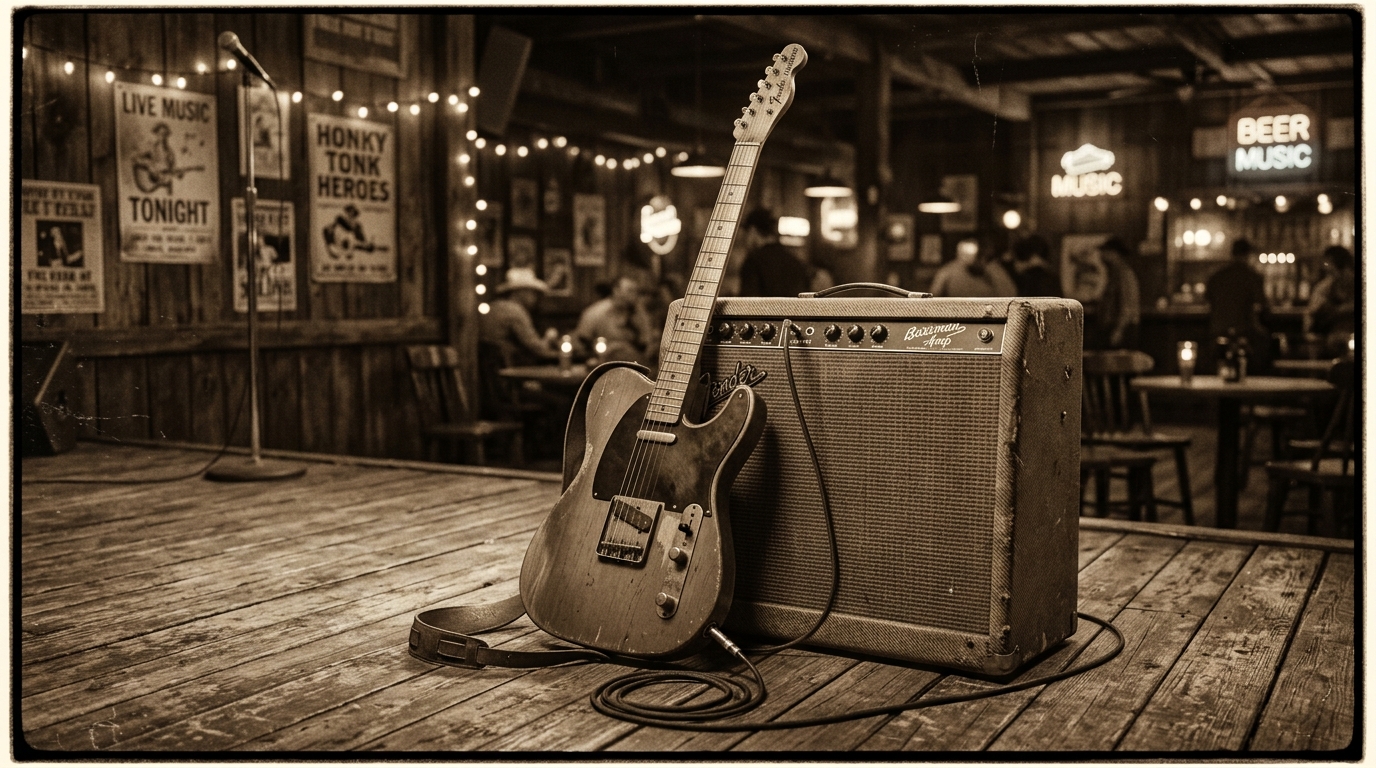 Vintage Fender Telecaster electric guitar and amplifier on a honky-tonk stage.